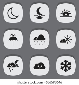 Set Of 9 Editable Weather Icons. Includes Symbols Such As Umbrella Drops, Half Moon, Sunny Weather And More. Can Be Used For Web, Mobile, UI And Infographic Design.