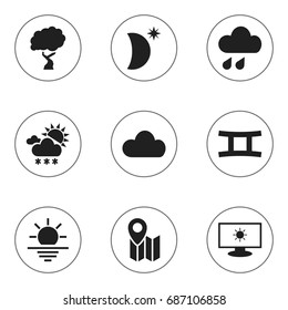 Set Of 9 Editable Weather Icons. Includes Symbols Such As Deluge, Pin, Snowy Weather And More. Can Be Used For Web, Mobile, UI And Infographic Design.