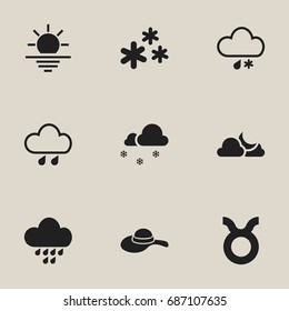 Set Of 9 Editable Weather Icons. Includes Symbols Such As Rainstorm, Precipitation, Bull And More. Can Be Used For Web, Mobile, UI And Infographic Design.