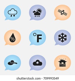 Set Of 9 Editable Weather Icons. Includes Symbols Such As Particle, Home, Headwear And More. Can Be Used For Web, Mobile, UI And Infographic Design.