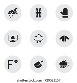 Set Of 9 Editable Weather Icons. Includes Symbols Such As Fishes, Fahrenheit, Snow Granule And More. Can Be Used For Web, Mobile, UI And Infographic Design.