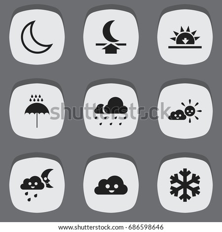 Set Of 9 Editable Weather Icons. Includes Symbols Such As Umbrella Drops, Half Moon, Sunny Weather And More. Can Be Used For Web, Mobile, UI And Infographic Design.