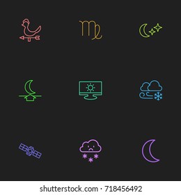Set Of 9 Editable Weather Outline Icons. Includes Symbols Such As Moon Up, Lunar, Moon And More. Can Be Used For Web, Mobile, UI And Infographic Design.