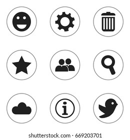 Set Of 9 Editable Web Icons. Includes Symbols Such As Emoji, Bookmark, Dove And More. Can Be Used For Web, Mobile, UI And Infographic Design.