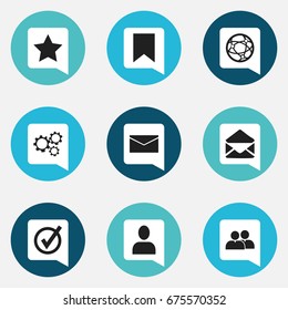 Set Of 9 Editable Web Icons. Includes Symbols Such As Letter, Gear, Approved And More. Can Be Used For Web, Mobile, UI And Infographic Design.