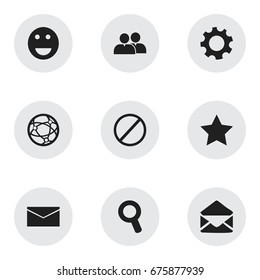 Set Of 9 Editable Web Icons. Includes Symbols Such As Emoji, Settings, Bookmark And More. Can Be Used For Web, Mobile, UI And Infographic Design.