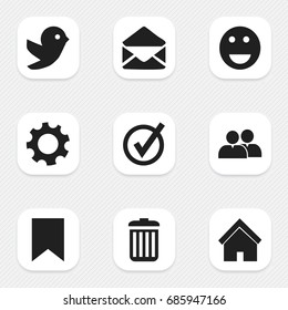 Set Of 9 Editable Web Icons. Includes Symbols Such As Settings, Home, Emoji And More. Can Be Used For Web, Mobile, UI And Infographic Design.