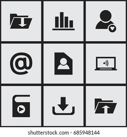 Set Of 9 Editable Web Icons. Includes Symbols Such As Monitor, Transfer, Lovely Profile And More. Can Be Used For Web, Mobile, UI And Infographic Design.