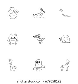 Set Of 9 Editable Zoo Doodles. Includes Symbols Such As Cancer, Serpent, Squid And More. Can Be Used For Web, Mobile, UI And Infographic Design.