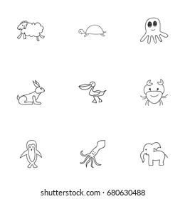 Set Of 9 Editable Zoo Doodles. Includes Symbols Such As Cancer, Pelican, Rabbit And More. Can Be Used For Web, Mobile, UI And Infographic Design.