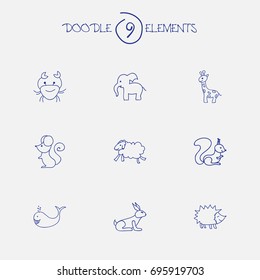Set Of 9 Editable Zoo Doodles. Includes Symbols Such As Elephant, Cancer, Tall Animal And More. Can Be Used For Web, Mobile, UI And Infographic Design.