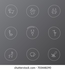Set Of 9 Editable Zoo Doodles. Includes Symbols Such As Urchin, Cancer, Tall Animal And More. Can Be Used For Web, Mobile, UI And Infographic Design.