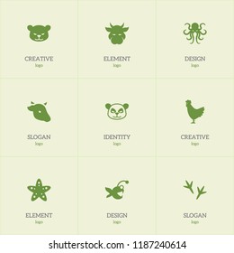 Set of 9 editable zoo icons. Includes symbols such as octopus, cougar, starfish and more. Can be used for web, mobile, UI and infographic design.