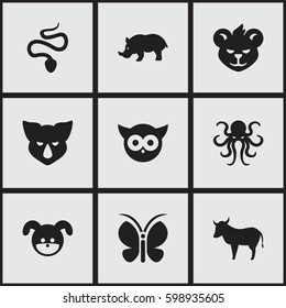 Set Of 9 Editable Zoo Icons. Includes Symbols Such As Tentacle, Serpent, Rhinoceros And More. Can Be Used For Web, Mobile, UI And Infographic Design.