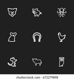Set Of 9 Editable Zoo Icons. Includes Symbols Such As Poulpe, Mouse, Horseshoe And More. Can Be Used For Web, Mobile, UI And Infographic Design.