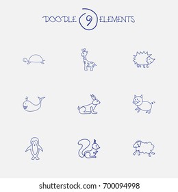 Set Of 9 Editable Zoology Doodles. Includes Symbols Such As Rabbit, Ewe, Swine And More. Can Be Used For Web, Mobile, UI And Infographic Design.