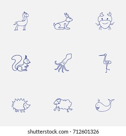 Set Of 9 Editable Zoology Doodles. Includes Symbols Such As Rabbit, Shadoof, Urchin And More. Can Be Used For Web, Mobile, UI And Infographic Design.