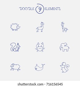 Set Of 9 Editable Zoology Doodles. Includes Symbols Such As Chipmunk, Ewe, Urchin And More. Can Be Used For Web, Mobile, UI And Infographic Design.