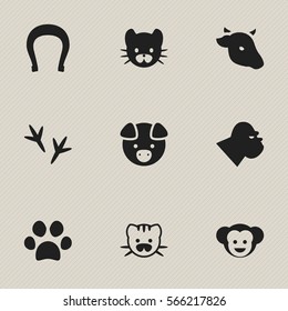 Set Of 9 Editable Zoology Icons. Includes Symbols Such As Bull, Chimpanzee, Footprint And More. Can Be Used For Web, Mobile, UI And Infographic Design.