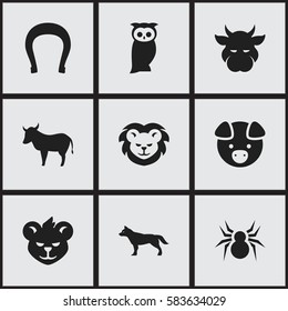 Set Of 9 Editable Zoology Icons. Includes Symbols Such As Owl, Cow, Tiger And More. Can Be Used For Web, Mobile, UI And Infographic Design.