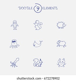 Set Of 9 Editable Zoology Icons. Includes Symbols Such As Polar Bird, Urchin, Squid And More. Can Be Used For Web, Mobile, UI And Infographic Design.