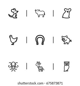 Set Of 9 Editable Zoology Icons. Includes Symbols Such As Cock, Bird, Sloth And More. Can Be Used For Web, Mobile, UI And Infographic Design.