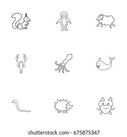 Set Of 9 Editable Zoology Icons. Includes Symbols Such As Cancer, Polar Bird, Serpent And More. Can Be Used For Web, Mobile, UI And Infographic Design.