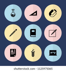Set of 9 education filled icons such as book, ruler, magnet, blackboard x+y, heart test tube, paper and pen, test tube, resume