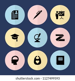 Set of 9 education filled icons such as baby bid, notepad, microscope, arrows up, measure ruler, teacher, resume, human brain