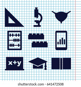 Set of 9 education filled icons such as child building kit, graduation cap, bladder, abacus, book, ruler, microscope, blackboard x+y