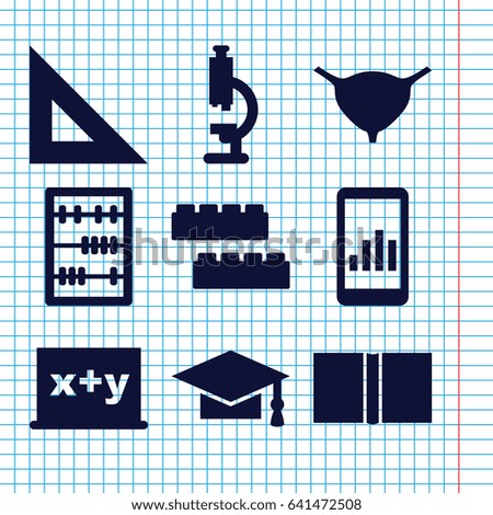 Set of 9 education filled icons such as child building kit, graduation cap, bladder, abacus, book, ruler, microscope, blackboard x+y