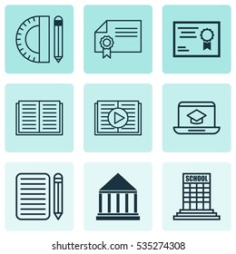 Set Of 9 Education Icons. Includes Certificate, Education Tools, Opened Book And Other Symbols. Beautiful Design Elements.
