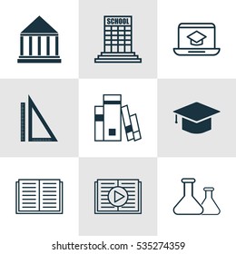 Set Of 9 Education Icons. Includes Taped Book, Academy, Library And Other Symbols. Beautiful Design Elements.