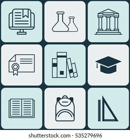 Set Of 9 Education Icons. Includes E-Study, Chemical, Graduation And Other Symbols. Beautiful Design Elements.