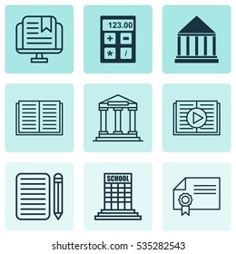 Set Of 9 Education Icons. Includes Education Center, Taped Book, E-Study And Other Symbols. Beautiful Design Elements.
