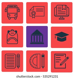 Set Of 9 Education Icons. Includes Paper, E-Study, Diploma And Other Symbols. Beautiful Design Elements.