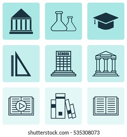 Set Of 9 Education Icons. Includes Library, Chemical, Measurement And Other Symbols. Beautiful Design Elements.