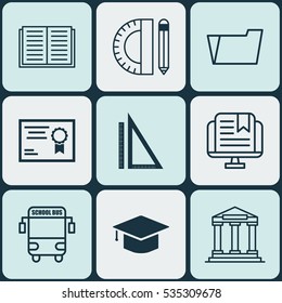 Set Of 9 Education Icons. Includes E-Study, College, Transport Vehicle And Other Symbols. Beautiful Design Elements.