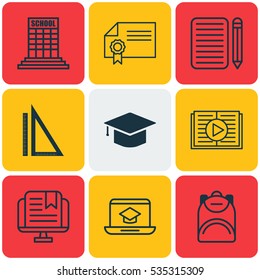 Set Of 9 Education Icons. Includes Measurement, Graduation, E-Study And Other Symbols. Beautiful Design Elements.