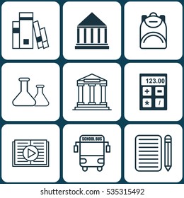 Set Of 9 Education Icons. Includes Taped Book, College, Electronic Tool And Other Symbols. Beautiful Design Elements.