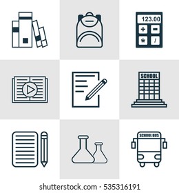 Set Of 9 Education Icons. Includes Haversack, Taped Book, Electronic Tool And Other Symbols. Beautiful Design Elements.