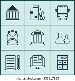 Set Of 9 Education Icons. Includes Library, Transport Vehicle, College And Other Symbols. Beautiful Design Elements.