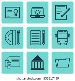 Set Of 9 Education Icons. Includes Education Center, Education Tools, Certificate And Other Symbols. Beautiful Design Elements.