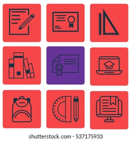 Set Of 9 Education Icons. Includes Library, Distance Learning, Certificate And Other Symbols. Beautiful Design Elements.