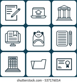 Set Of 9 Education Icons. Includes Home Work, Distance Learning, Certificate And Other Symbols. Beautiful Design Elements.