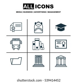 Set Of 9 Education Icons. Includes Certificate, College, Document Case And Other Symbols. Beautiful Design Elements.