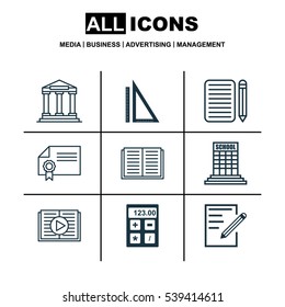 Set Of 9 Education Icons. Includes Paper, Measurement, Electronic Tool And Other Symbols. Beautiful Design Elements.