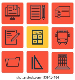Set Of 9 Education Icons. Includes E-Study, Measurement, Transport Vehicle And Other Symbols. Beautiful Design Elements.