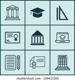 Set Of 9 Education Icons. Includes Distance Learning, Education Center, Home Work And Other Symbols. Beautiful Design Elements.