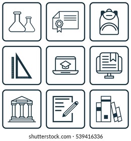 Set Of 9 Education Icons. Includes Distance Learning, Paper, Chemical And Other Symbols. Beautiful Design Elements.